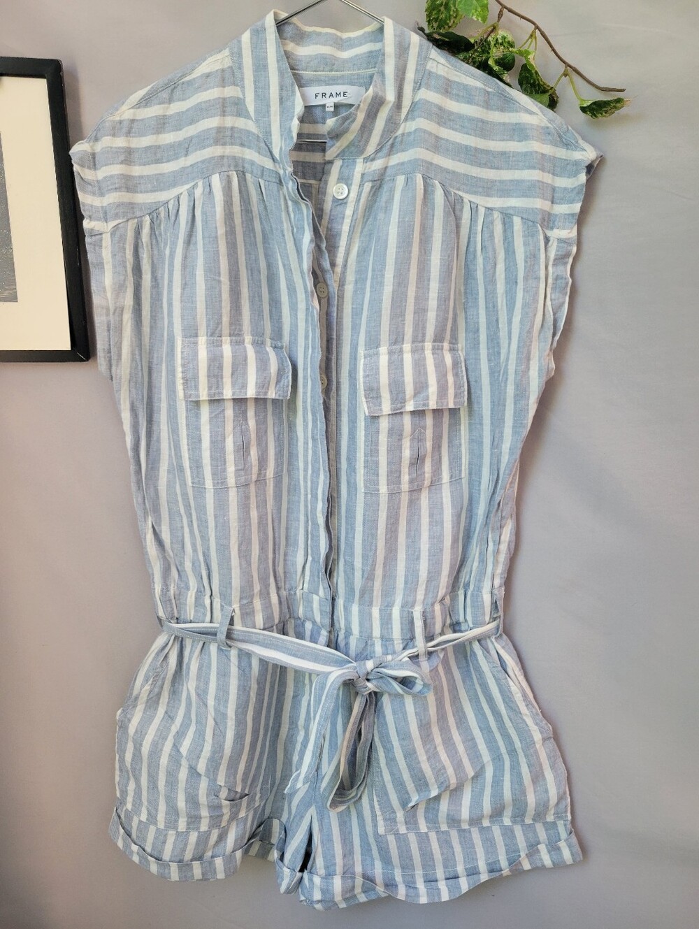 Frame Denim Linen Striped Safari Romper Blue White M